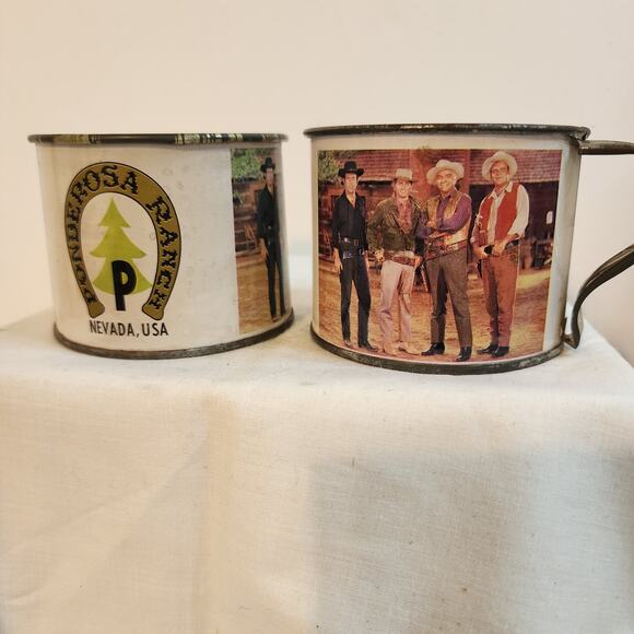 Vtg Bonanza Ponderosa Ranch Souvenir Tin Mugs Set of 2 Nevada Western TV Show - Picture 1 of 9